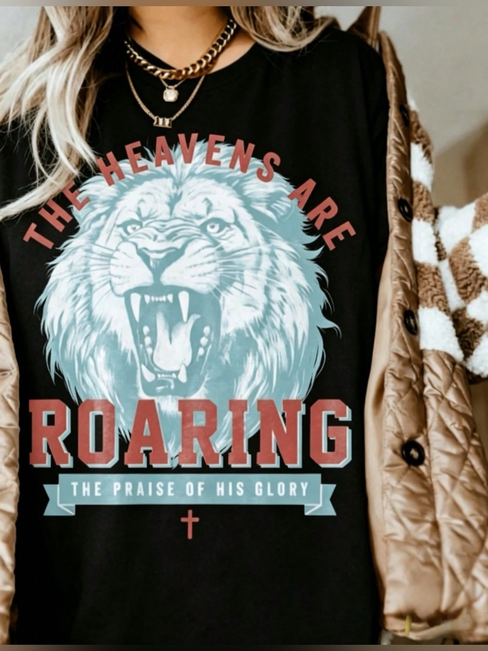 Fruit of the Loom Black Tee with Mint Lion Graphic and Rust Red Text